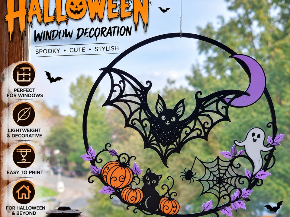 Window ornaments: bat, cat, and ghost