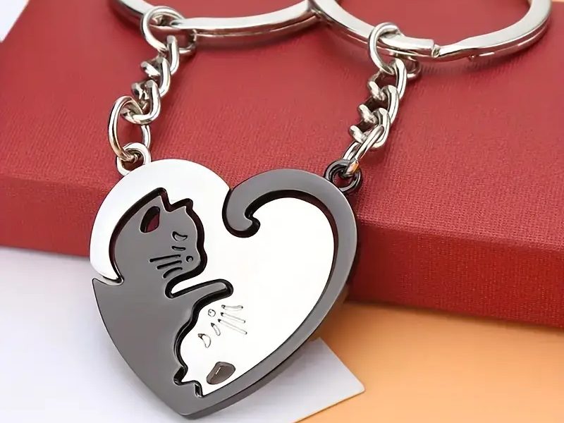 Heart-Shaped Cat Keychain Pair