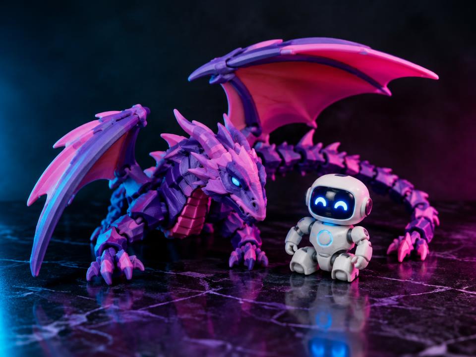 Dragão articulado e robô impressos em 3D